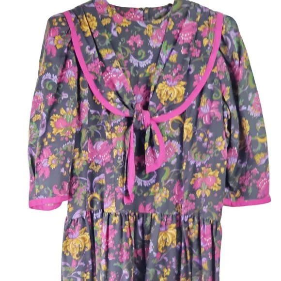 Vintage Chel'sea Floral Midi Dress w/ Draped Bow Neckline, Sz 18WP - Picture 3 of 11